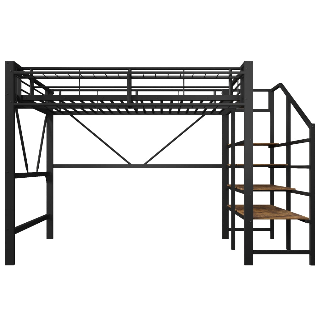 Letto a soppalco 140 x 200 cm, struttura in metallo, ripiano, luce a LED, nero