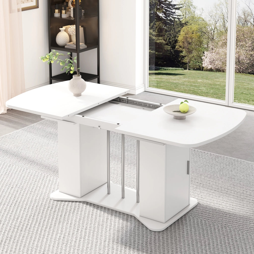 Tavolo da pranzo allungabile 120/160 x 80 cm in MDF, bianco, con gambe effetto argentato e vano portaoggetti