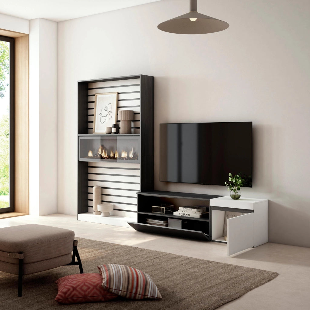 Mobile TV, Soggiorno, 260x35x186cm, Per TV fino a 65", Camino elettrico, Bianco e nero RF2549