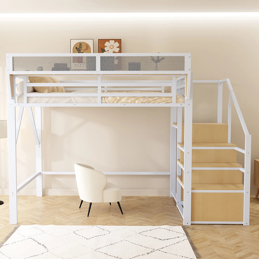 Letto a Soppalco 140x200 – Xylo – Metallo per Adulti/Bambini, Scala Sicurezza, Ripostiglio Flessibile, Bianco