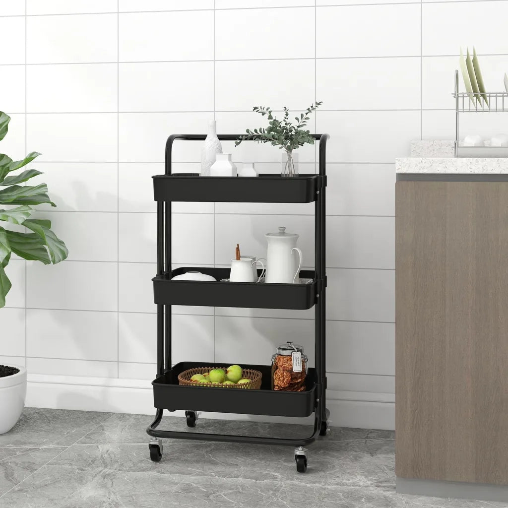 Carrello da Cucina 3 Ripiani Nero 42x35x85 cm Ferro e ABS CFW5200519