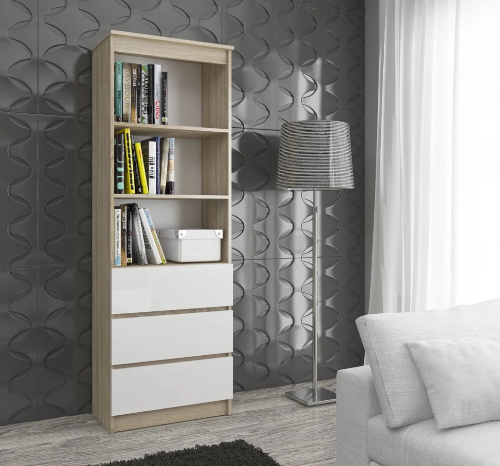 Libreria AKORD R60 Sonoma Quercia, Bianco 60 cm 3 cassetti 60x35x180 cm