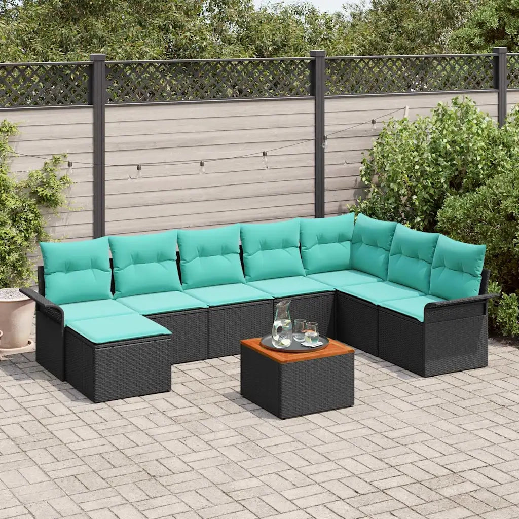Set Divano da Giardino 9 pcs Nero e Turchese polyrattan