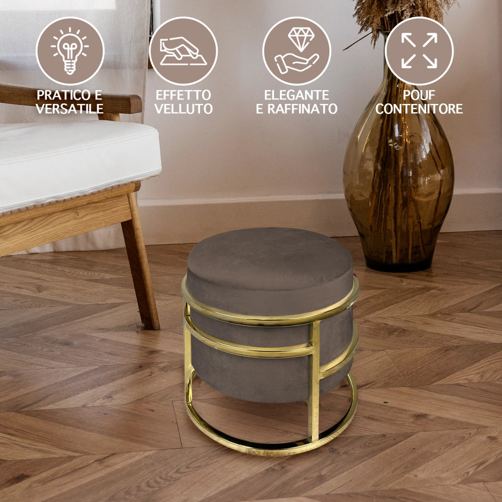 Pouf Contenitore Poggiapiedi Velluto Con Struttura Circolare Cromata Oro Elegante Imbottito Sgabello Per Toeletta Mobile Trucco Ottomano Ingresso Camera Da Letto Rotondo - Testa di moro
