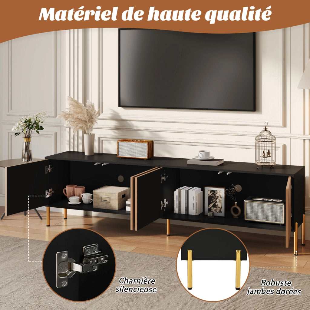 Mobile TV con 4 Ante senza Maniglie e Piedini in Metallo Dorato; Stile Moderno; 179??35??53;5 cm; Nero Naturale