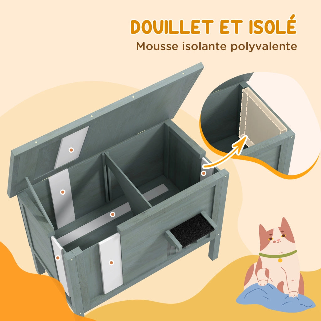 Cuccia per gatti rialzata da esterno in legno con tetto apribile isolata ¨C Xylo ¨C 85x50x68,5 cm grigio scuro e nero