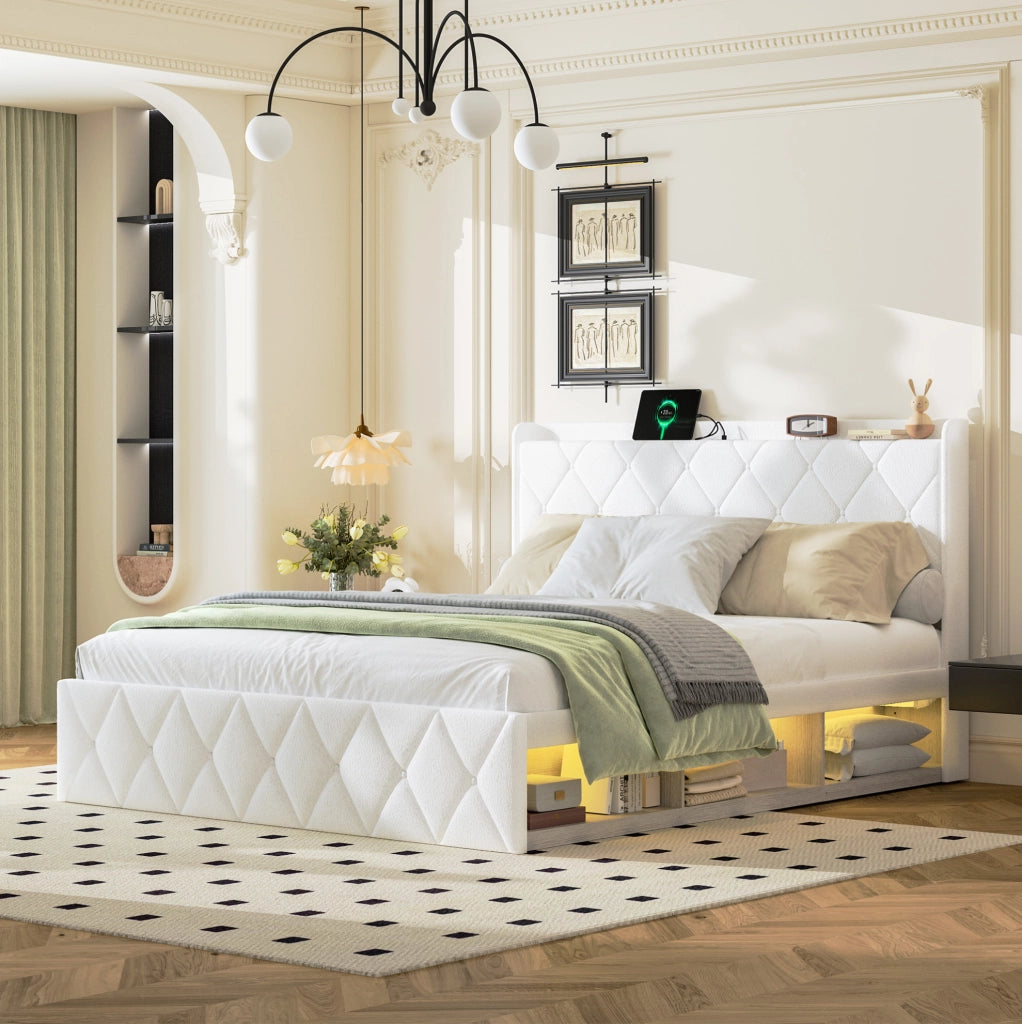 Letto matrimoniale 160x200 cm in teddy bianco con LED e USB