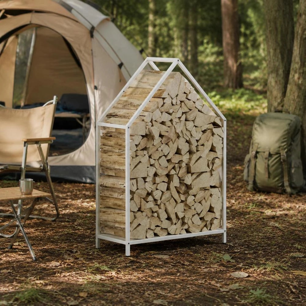 Porta legna bianco, 60x25x90 cm, in acciaio laminato a freddo – robusto e resistente, ideale per esterni, giardino e camino, pratico e durevole
