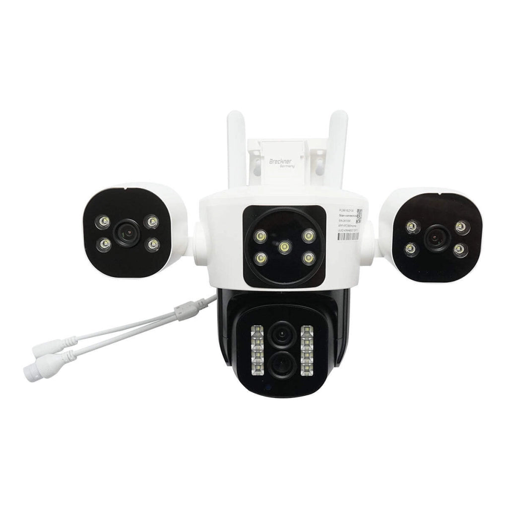 Telecamera di sorveglianza con 4 lenti, 3 obiettivi da 16 MP, WIFI 2.4GHz, rotazione a 360 gradi PTZ con sensore di movimento, zoom 10X, allarme, visione notturna IR, rilevamento umano e applicazione IPC360 Home