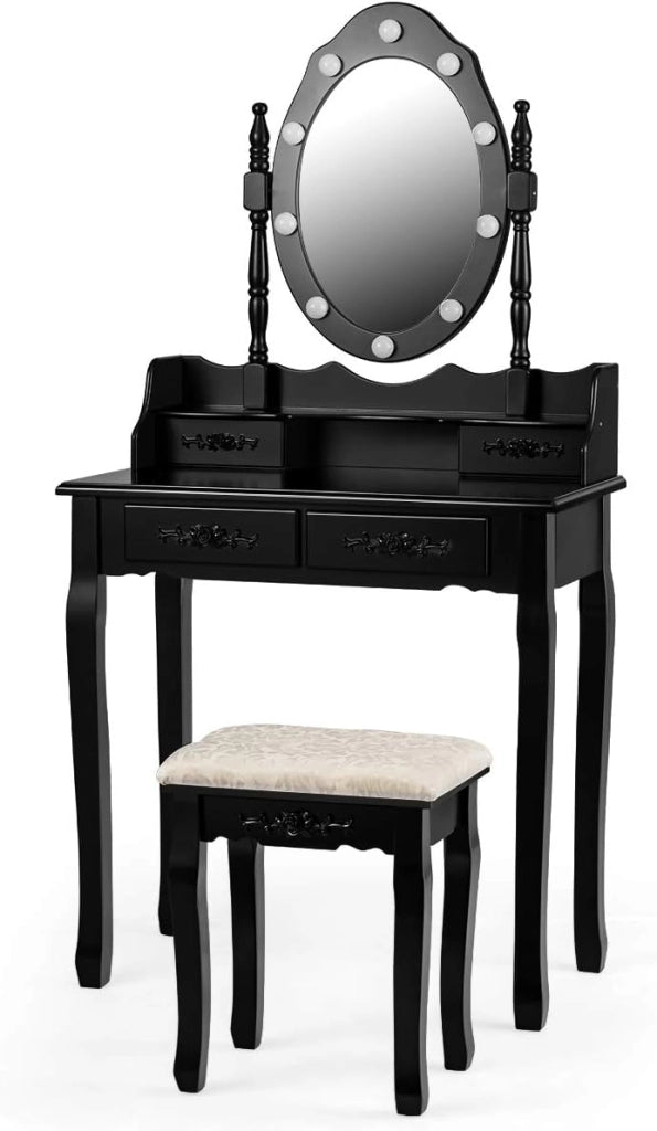 Toeletta Trucco, Postazione Trucco in Legno con Sgabello, 4 Cassetti e Specchiera Rimovibile Girevole a 360° con 10 LED Dimmerabili, Portata di 100+25 kg, 75x40x146cm (Nero)