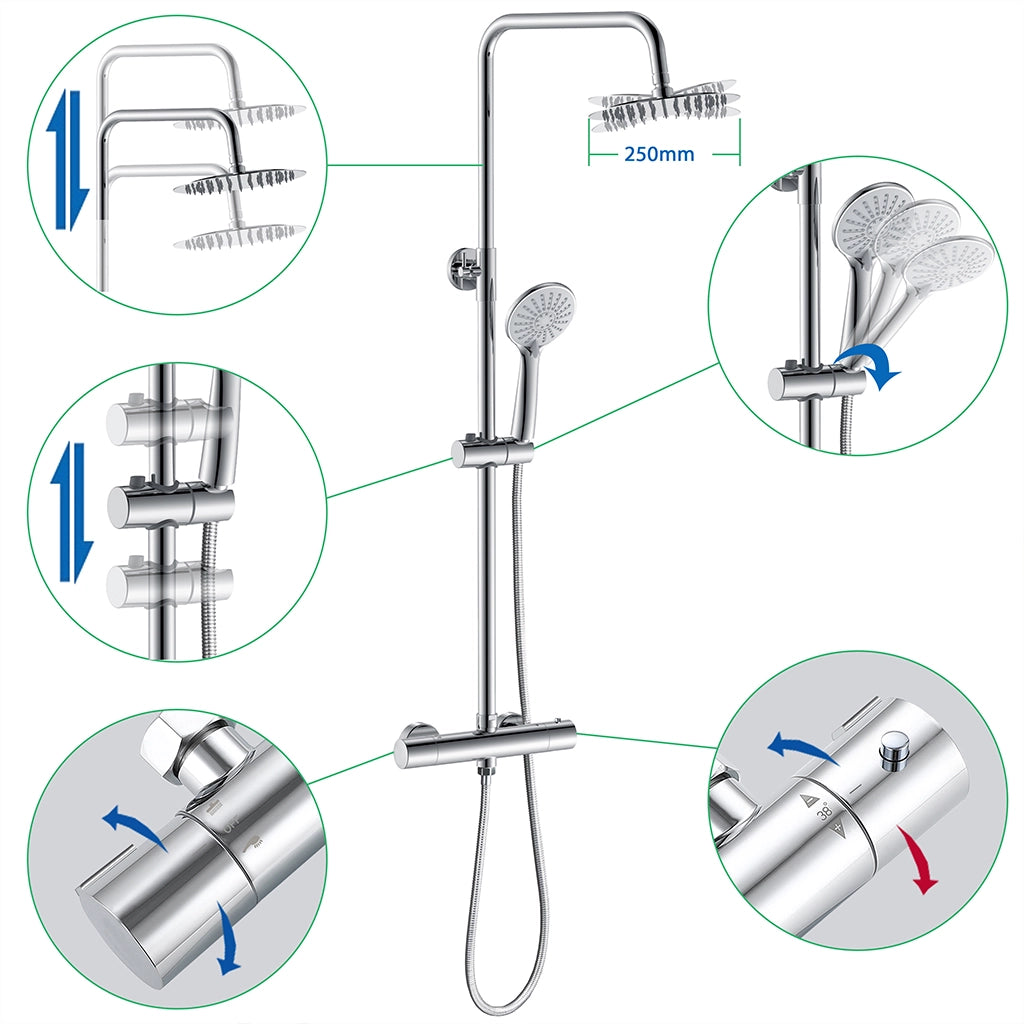 AICA ITALY Colonna Doccia Idromassaggio, Colonna per Doccia con Miscelatore Termostatico, 25x25cm Grande Soffione Doccia a Pioggia, Cromo