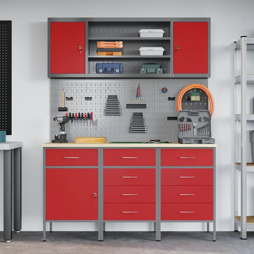 Mobile da lavoro 7 pcs Rosso Legno ingegnerizzato e acciaio 3321449