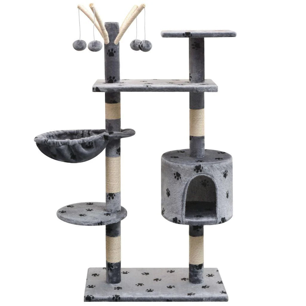 Tiragraffi albero per gatti cuccia per gatti giocattolo peluche e sisal 125 cm impronte di zampe grigio 3702113