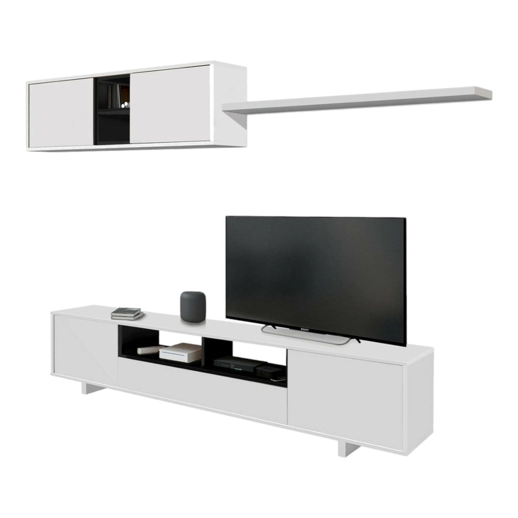 Mobile Soggiorno Angora, Parete Attrezzata 8 Ripiani, 200x41x46h cm Bianco Lucido