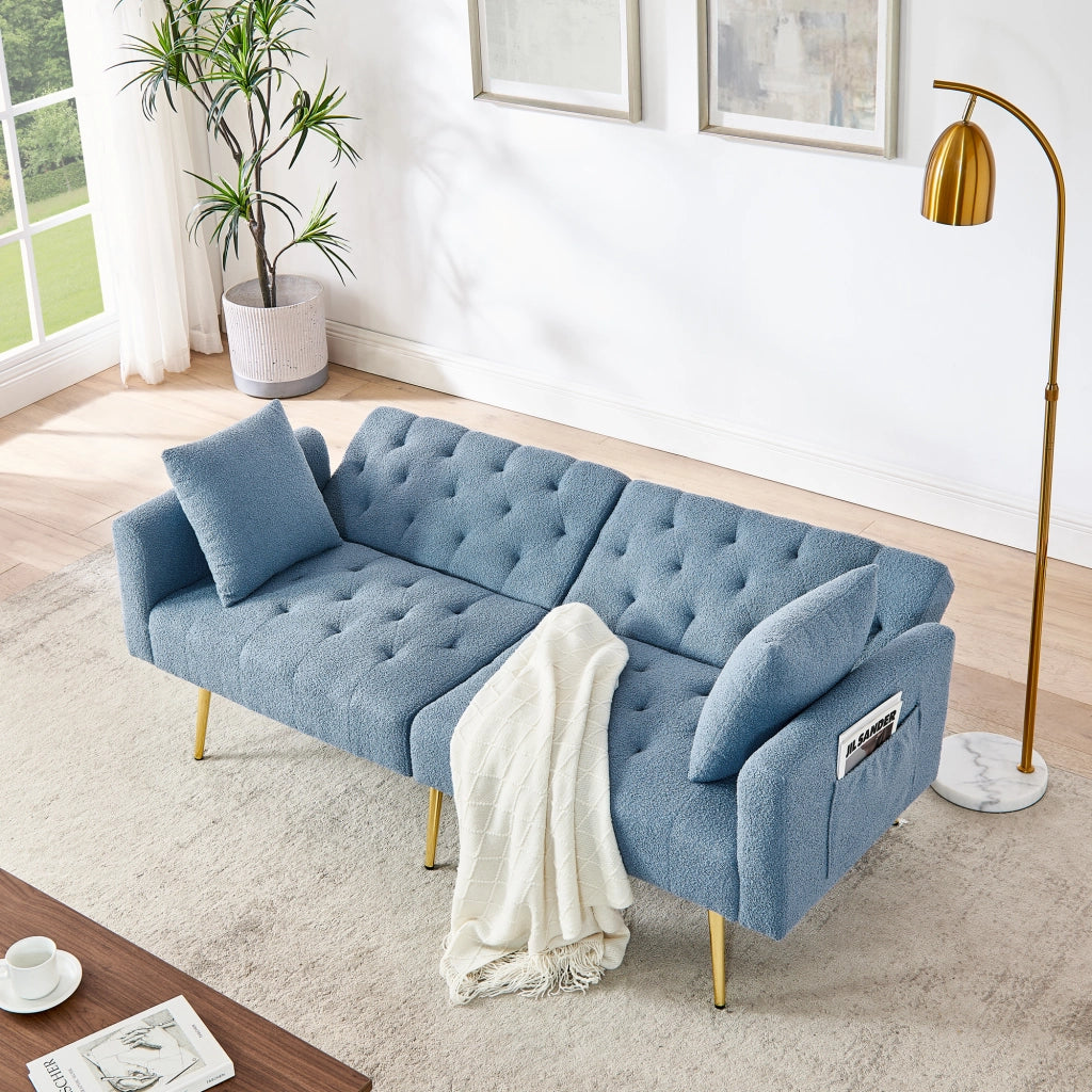 Divano a 2 posti con schienale reclinabile a 3 livelli e 2 cuscini, gambe in metallo dorato, teddy fleece blu