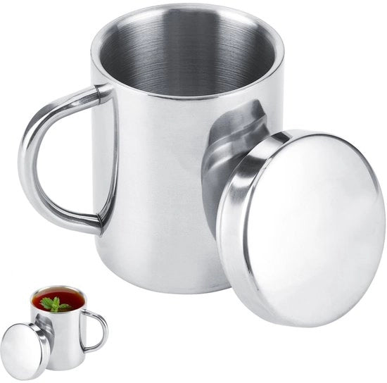 Moka per Caffè in Acciaio Inox - Doppio Strato di Isolamento - Coperchio - Maniglia - 220 ml - Termos - Bicchiere da Viaggio