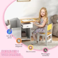 Banco Scuola e Sedia per Bambini da 3-6 Anni con Cassetto e Armadietto in Legno Bianco