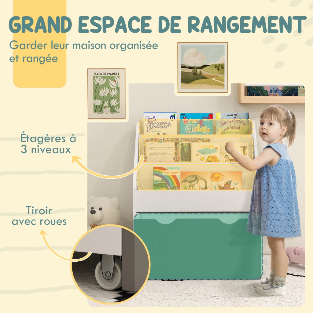 Libreria bambini con cassetto ¨C Xylo ¨C legno verde 3 ripiani 62,5x30x70