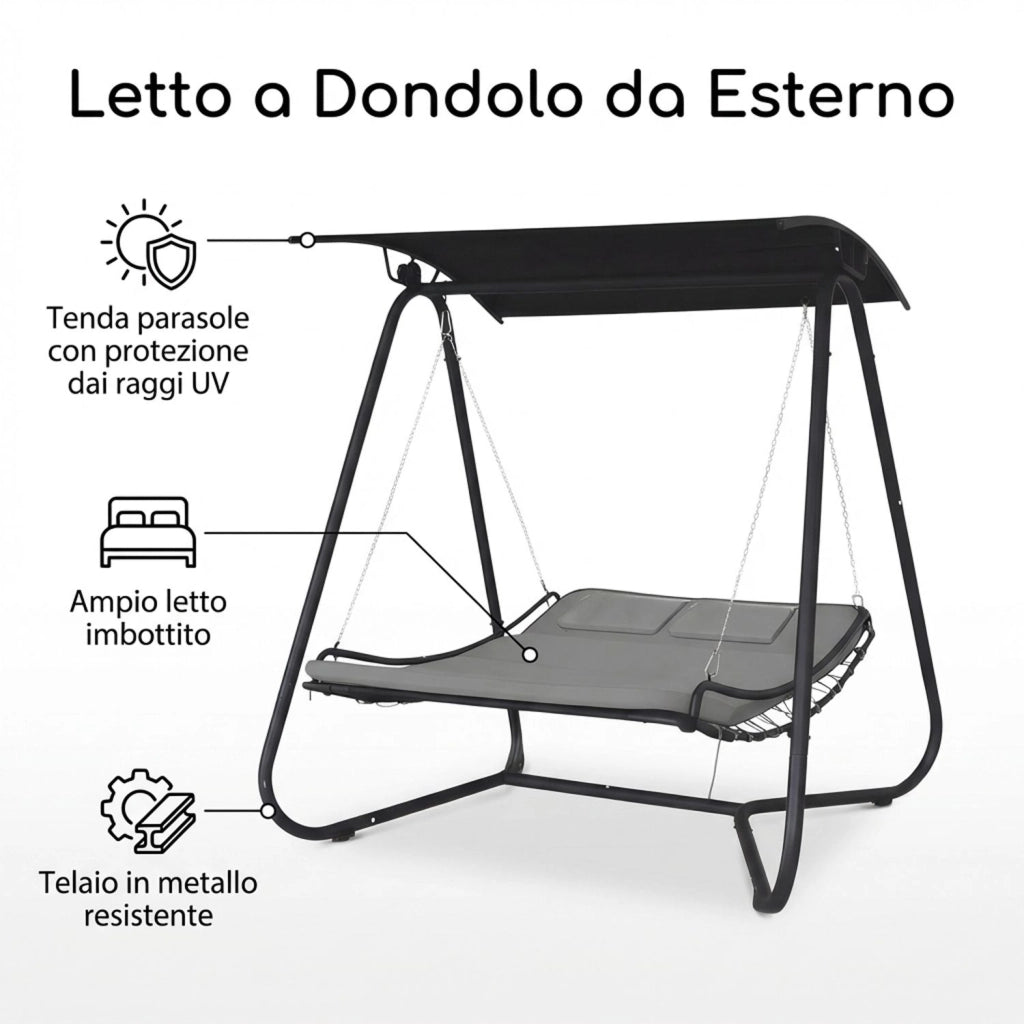 Dondolo Amaca Letto 2 Posti da Giardino con Tetto Parasole Struttura in Acciaio e Seduta Imbottita in Textilene per Terr