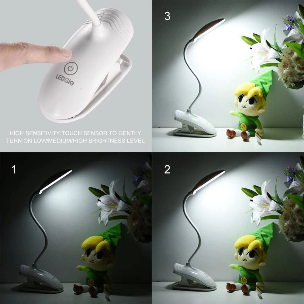 Trade Shop - Lampada Da Tavolo Scrivania A Led Luce Ricaricabile Touch Snodabile Con Pinza -