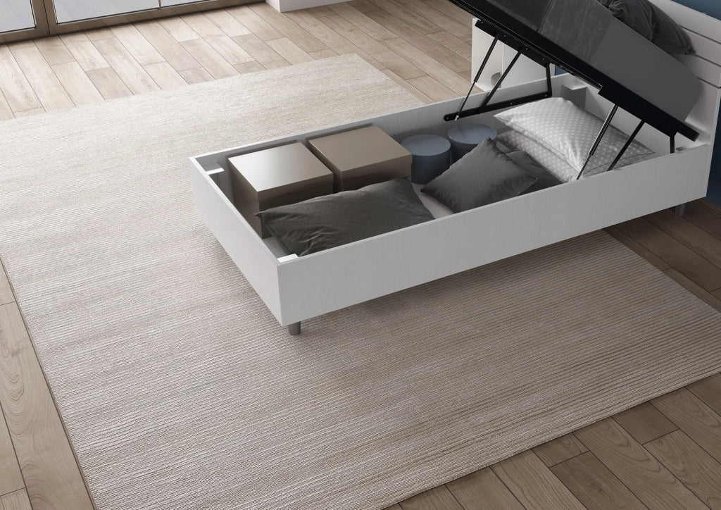 Letto Singolo 80x190 cm con Rete e Contenitore Ankel Testata Doghe Inclinata Bianco Frassino