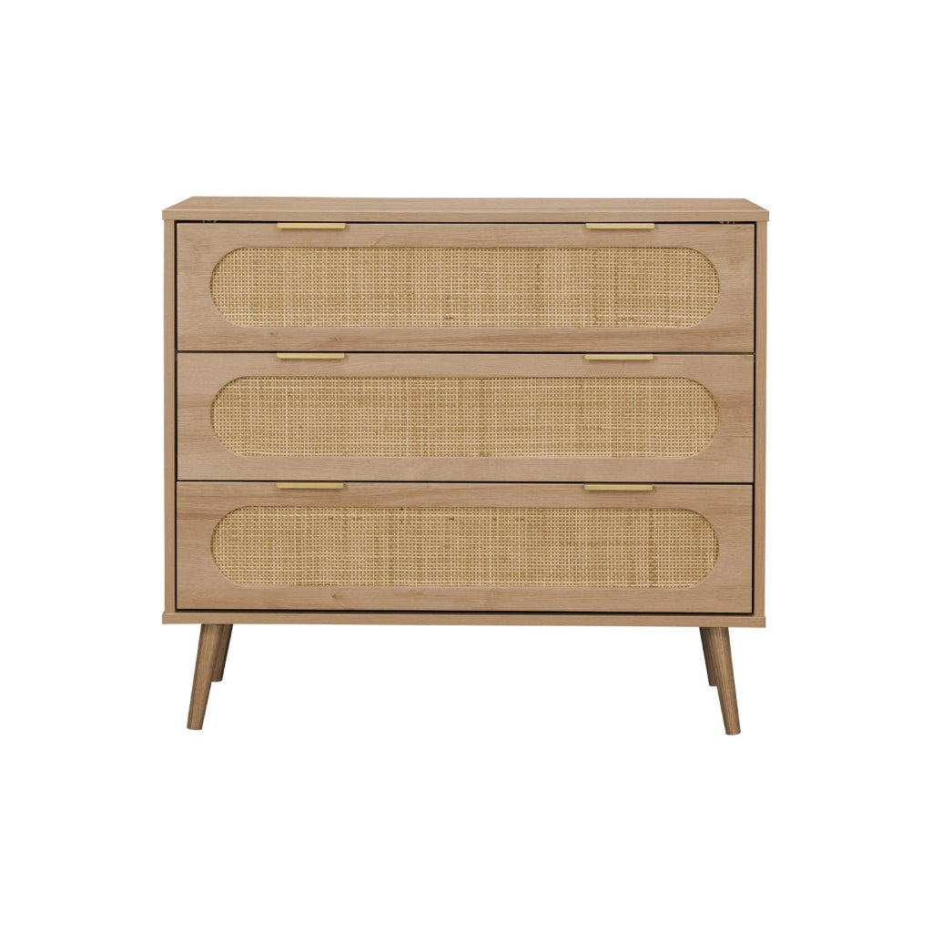 Cassettiera in legno e canna intrecciata, 3 cassetti, marrone naturale