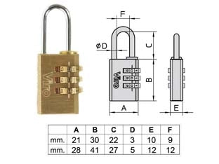 LUCCHETTI AD ARCO A COMBINAZIONE CON 3 DISCHI 406- - mm.28, arco mm.27x12 ø mm.5 (40600307) - 2 pezzi VIRO