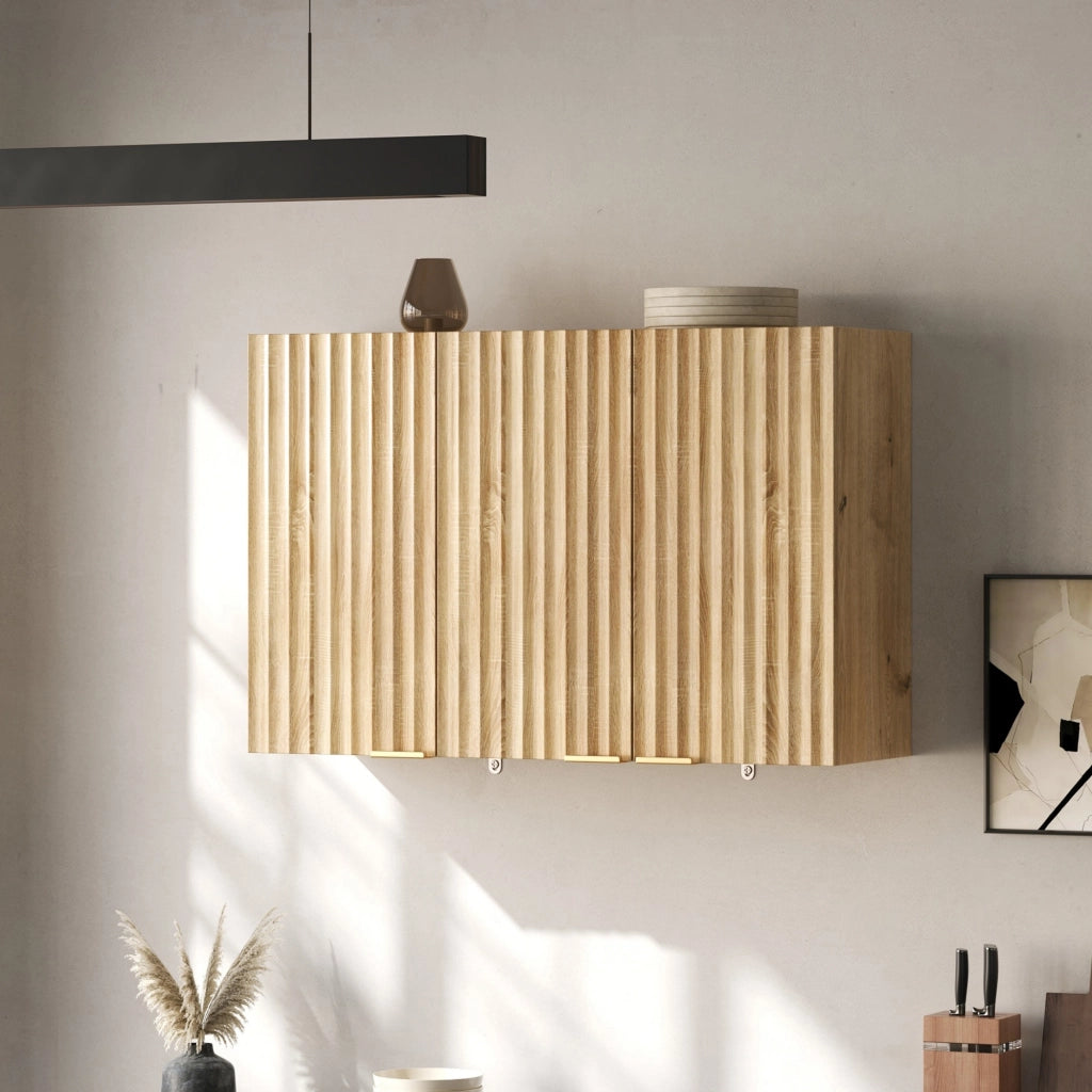Pensile da parete con 3 ante, armadio sospeso salvaspazio, 90 x 29 x 60 cm, naturale