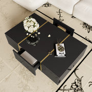 OKWISH Tavolino da salotto con 2 cassetti, finitura lucida nera e dettagli in metallo oro, MDF, 100 x 60 x 41.5 cm