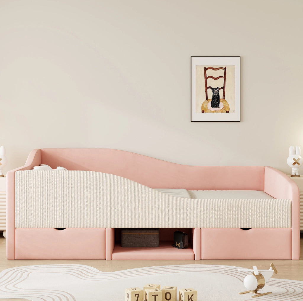 Letto imbottito 90x190 cm con sponde e cassetti in velluto rosa e bianco