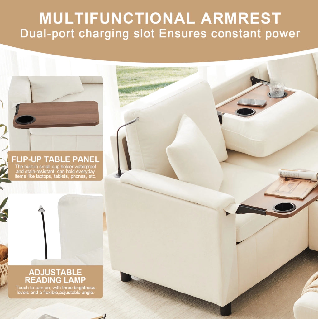 Divano angolare letto in ciniglia con pouf contenitore; USB e Type-C; beige