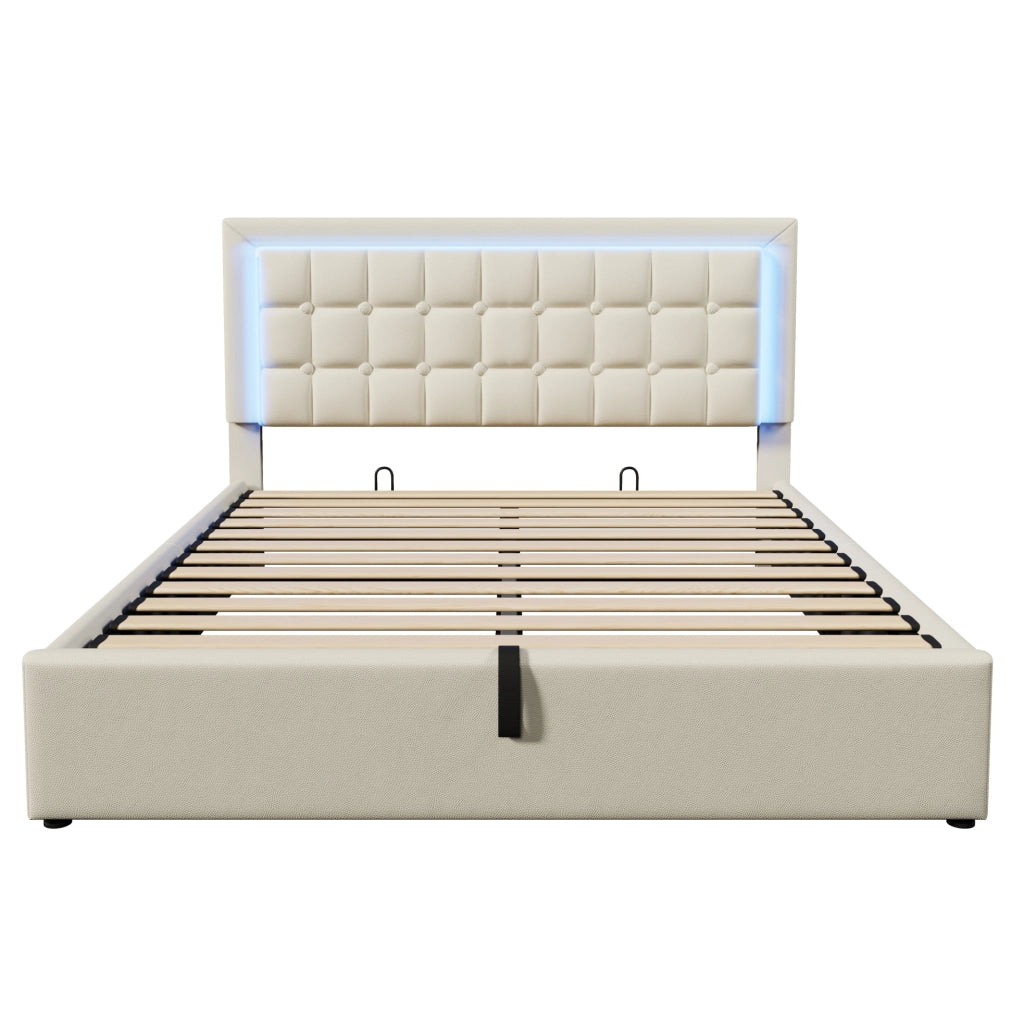 Letto matrimoniale 160x200 cm con LED; contenitore; testiera imbottita in PU bianco; con materasso