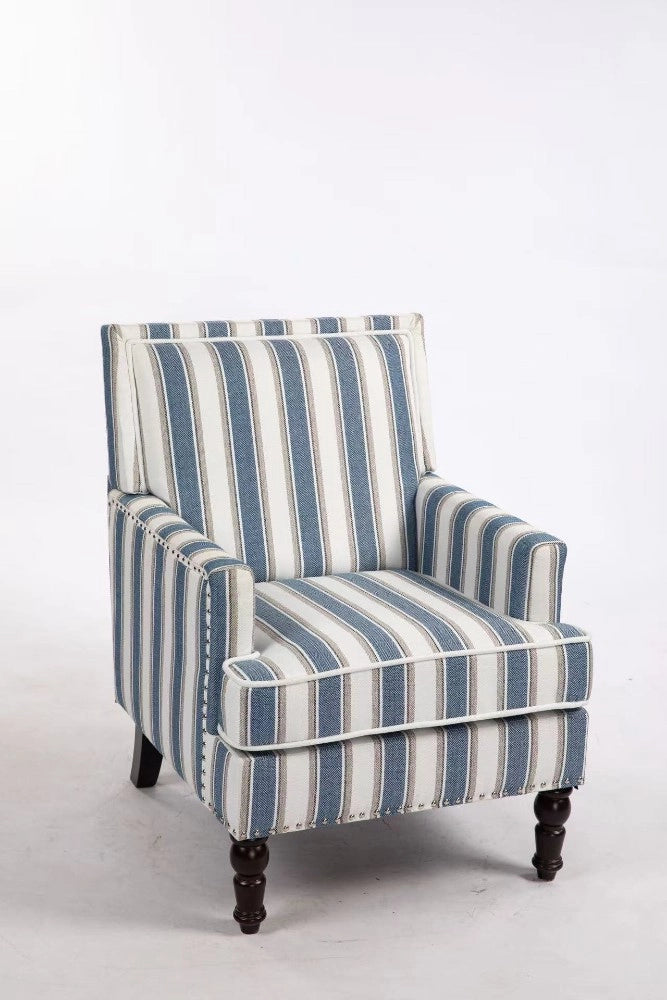 Sedia vintage imbottita - Zephmum- Blu e bianco in lino con borchie