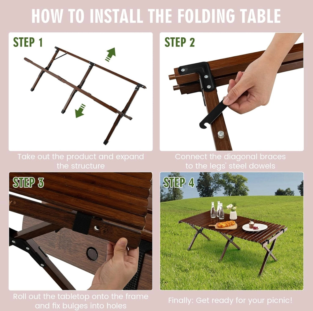 Tavolo Pieghevole da Esterno, Tavolo da Picnic da Campeggio in Bambù, per 4-6 Persone, Tavolo Portatile con una Borsa, la Portata di 50kg, 122 x 60 x 43,5cm (Brown)