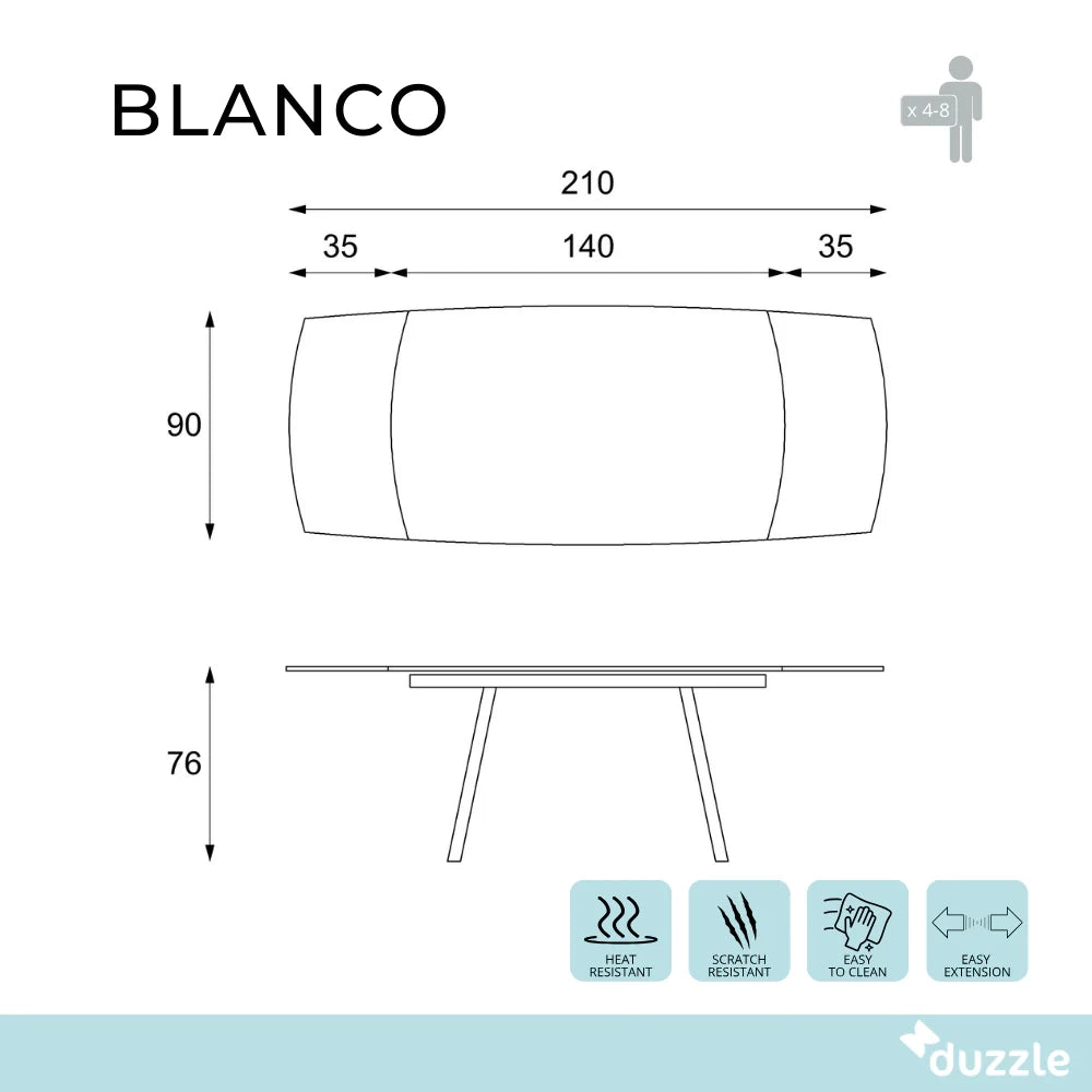 Tavolo da pranzo allungabile in vetro temperato bianco Blanco 140-210x90 cm fino a 8 posti | Duzzle