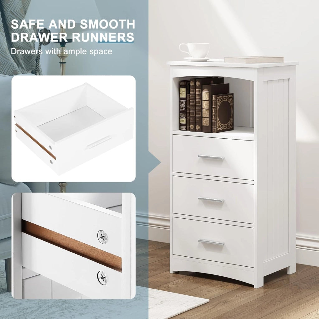Mobile da Bagno Autoportante 3 Cassetti, Cassettiera con 1 Piano e 1 Scomparto a Giorno, Maniglie Argentate, per Ingresso, Soggiorno, Camera da Letto, in MDF, 40x26,5x80cm, Bianco