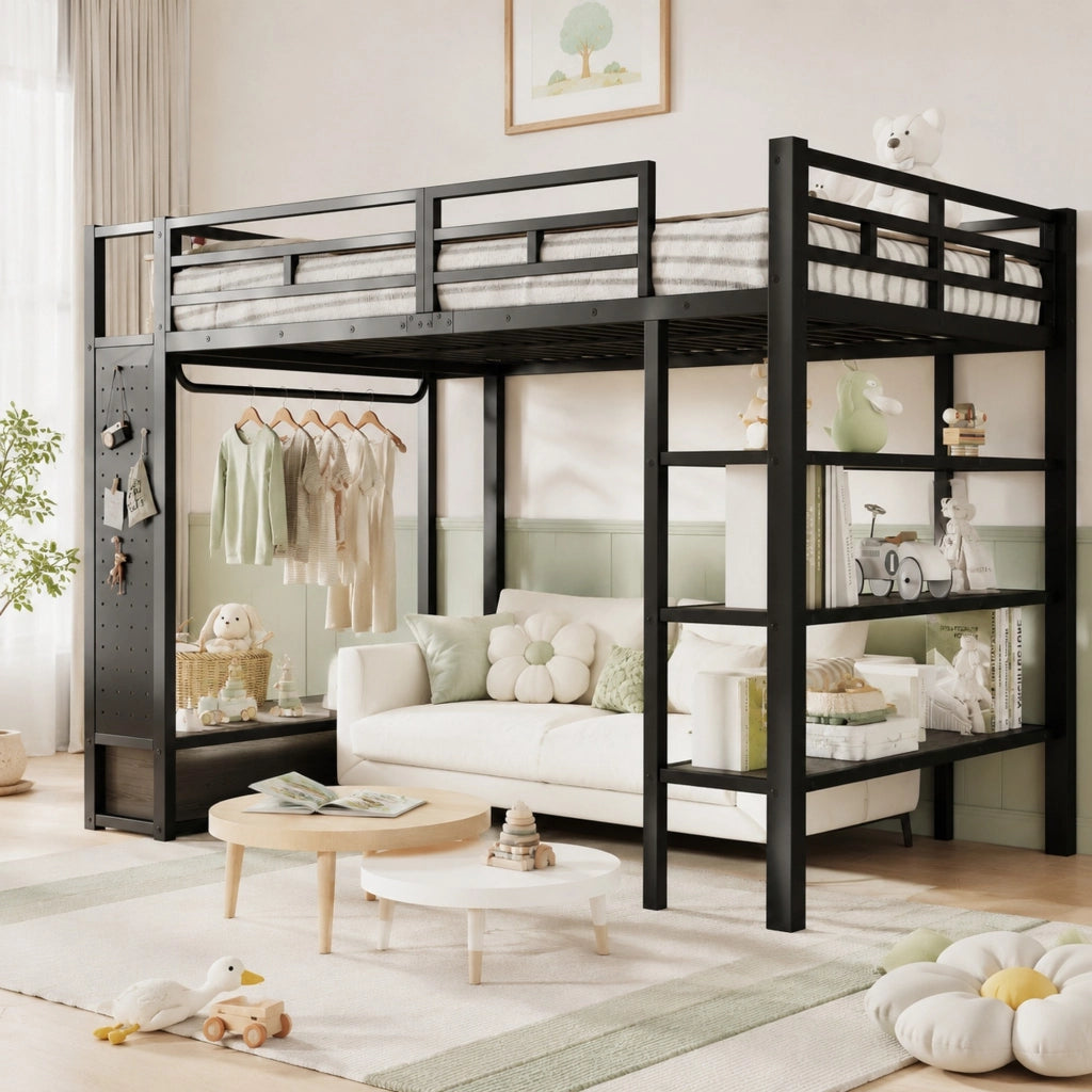 Letto a soppalco 140x200 cm con armadio aperto; cassetti; LED e ripiani; nero