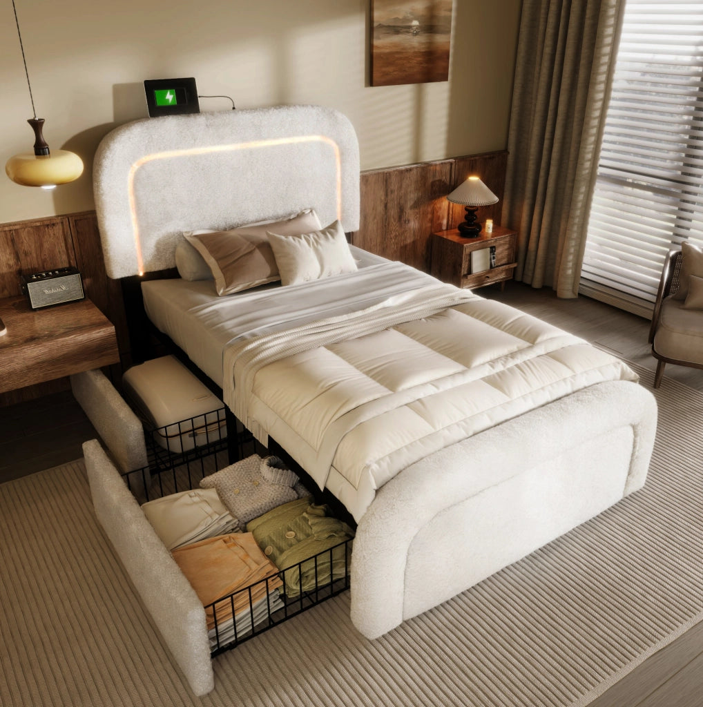 Letto singolo imbottito 90x200 cm in Sherpa bianco con USB Type-C; LED e 2 cassetti