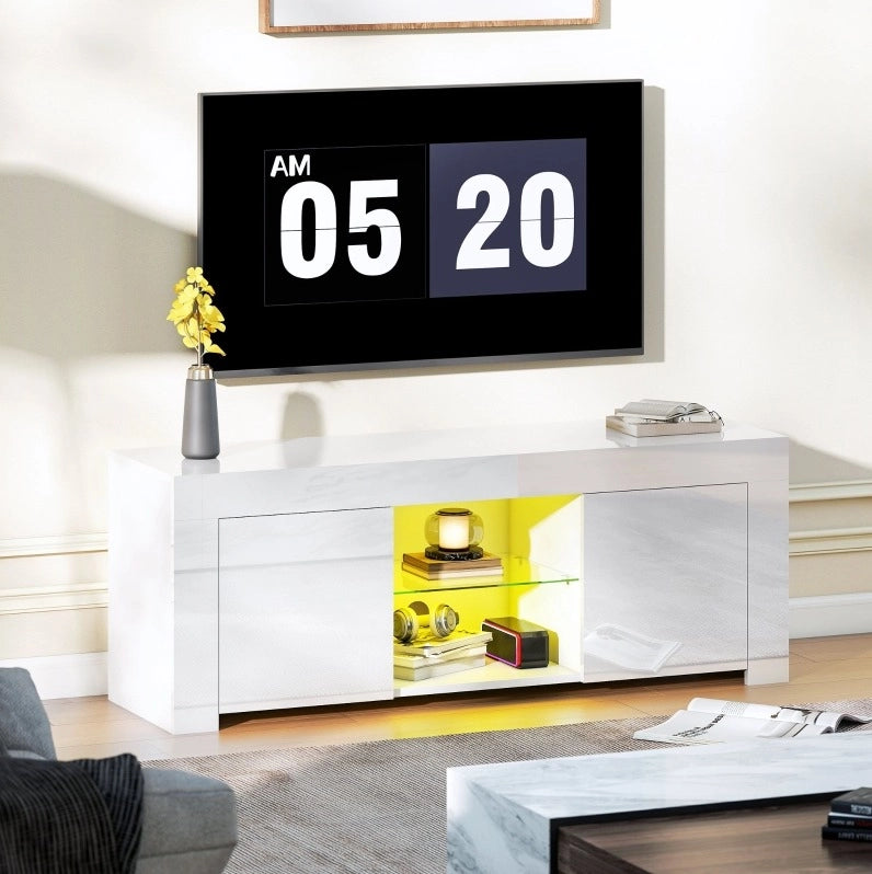 Mobile TV 120x34x45 cm con luci LED RGB; ripiano in vetro; bianco