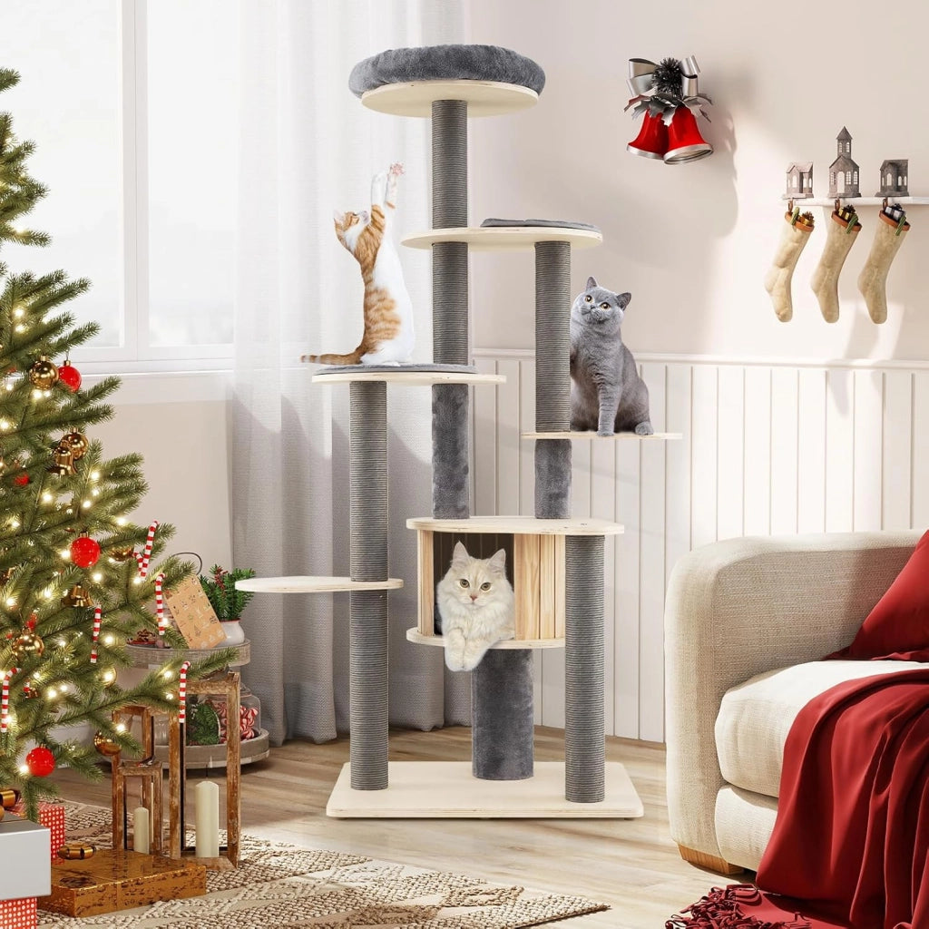 Albero per Gatti Alto 172 cm, Tiragraffi per Gatti con Posatoio Imbottito Superiore, Rifugio Privato per Gatti, Tappetini Staccabili, Pali per Graffi e Base Stabile