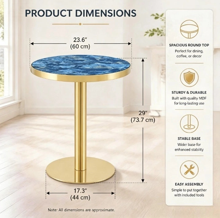 Tavolino rotondo da salotto con effetto marmo; ? 60 cm; in MDF e metallo blu
