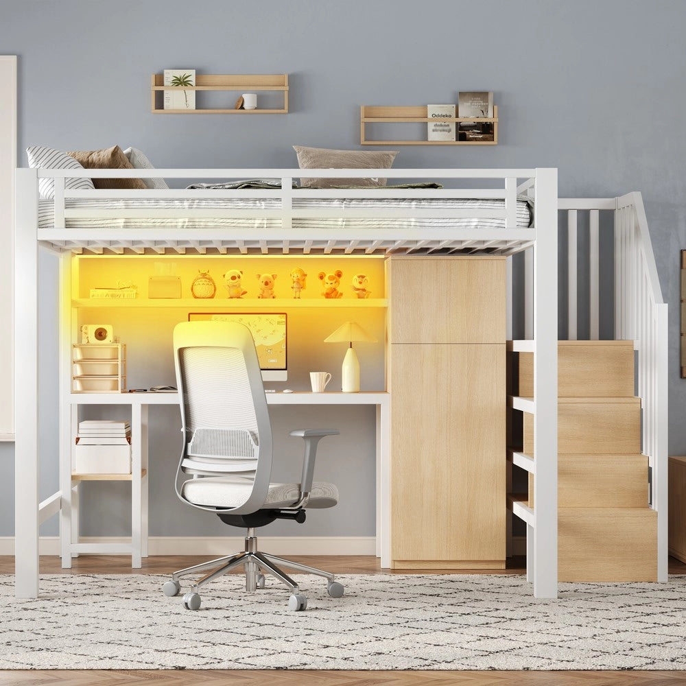 Letto a Soppalco con Scrivania, Armadio e Scala Contenitore ¨C MINIMAL ¨C Metallo Bianco 140x200
