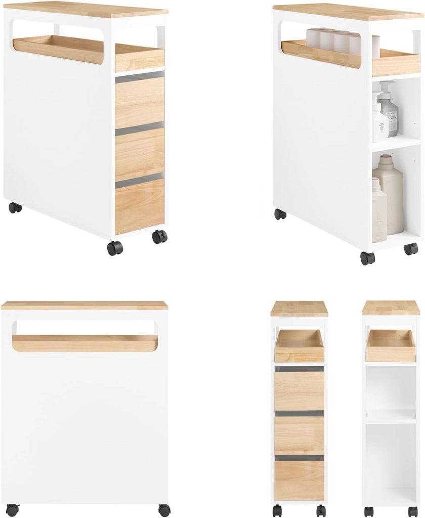 Mobile Bagno, Mobile Salvaspazio con 3 Cassetti, Ripiano in Legno e Rotelle – Mobiletti Stretti, Colonna Bagno da Terra, Struttura Resistente e Design Moderno BZR54-IV-WN