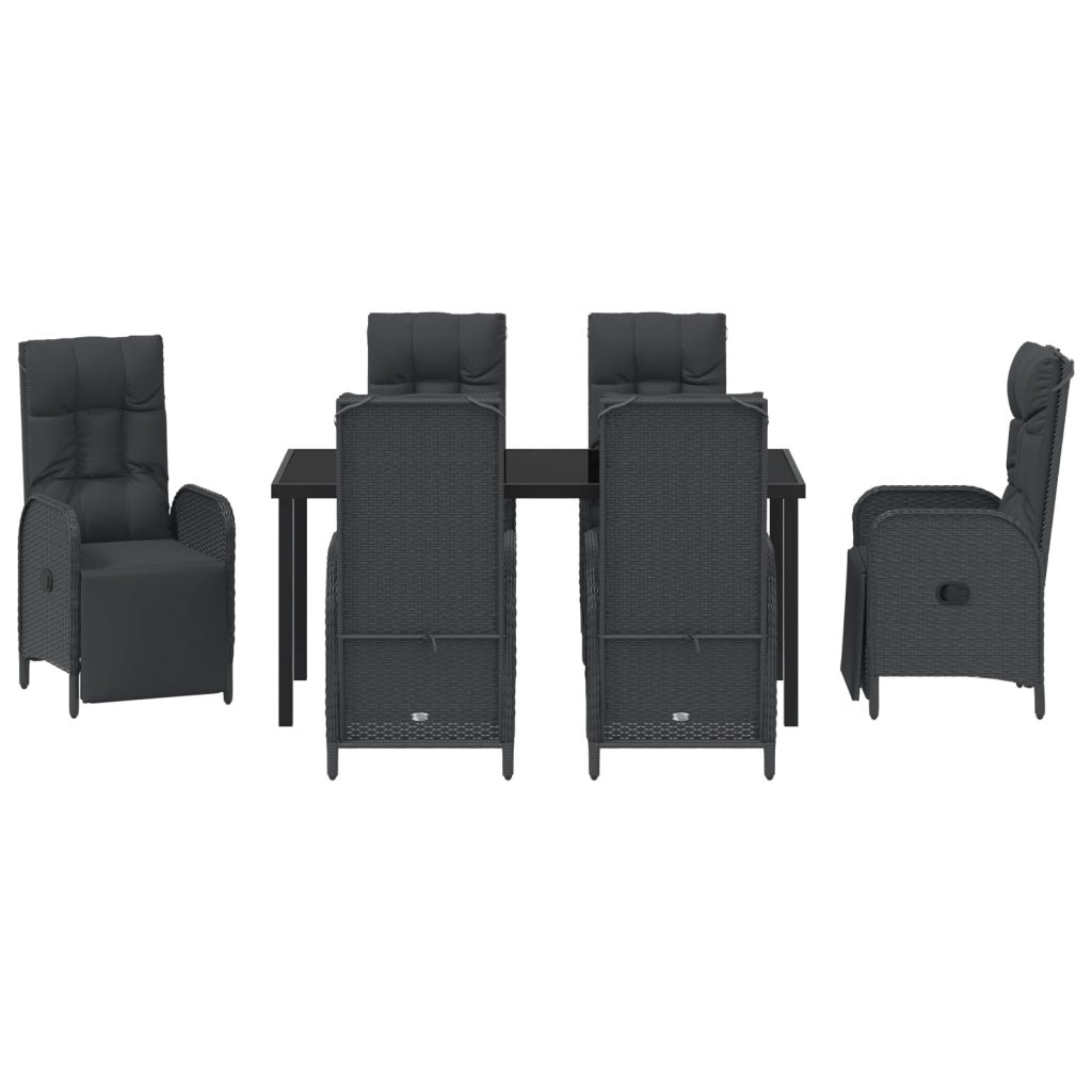Set da pranzo da giardino da 7 pezzi con cuscini in polyrattan nero