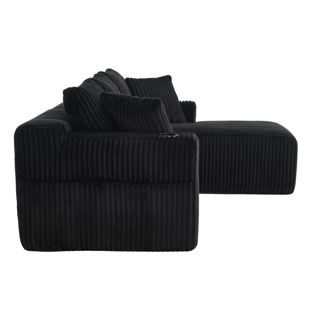 Divano Modulare con Chaise Longue e 2 Posti, Tasche Laterali, Porta Bicchieri, in Corduroy Nero