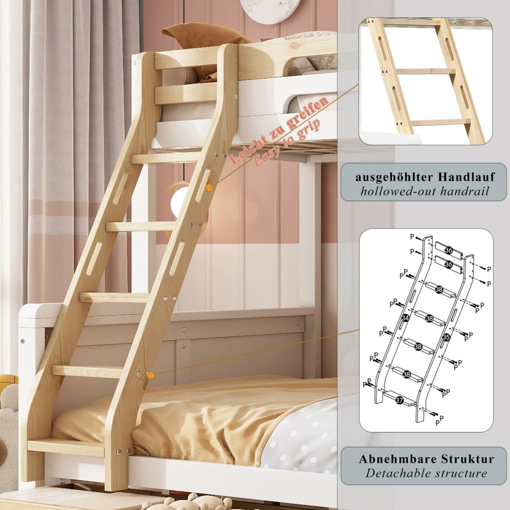 Letto a castello 90 × 200 cm et 140 × 200 cm con scala contenitore, scala a pioli et 3 cassetti, senza materasso