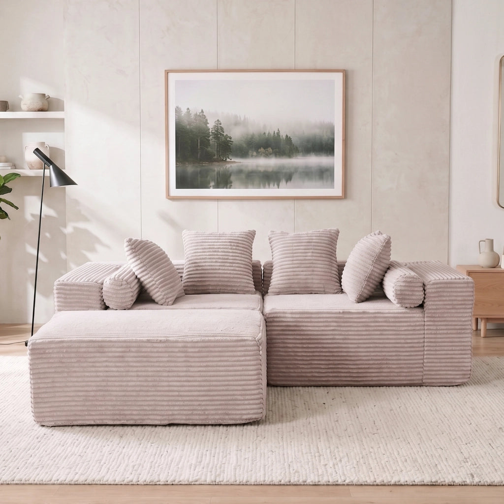 Divano modulare angolare con chaise longue senza montaggio e seduta morbida in schiuma e molle beige per soggiorno