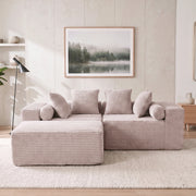 Divano modulare angolare con chaise longue senza montaggio e seduta morbida in schiuma e molle beige per soggiorno