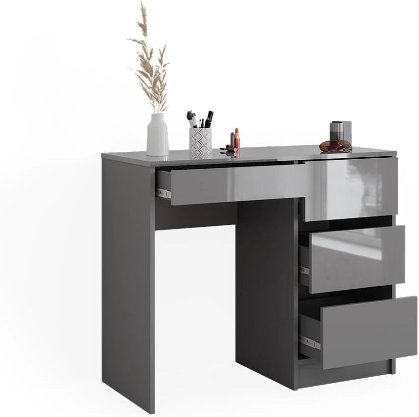 Tavolo da toeletta Sherry, Grigio lucido, 90 cm con 4 cassetti, adatto per l’uso come tavolo da toeletta o superficie d’appoggio