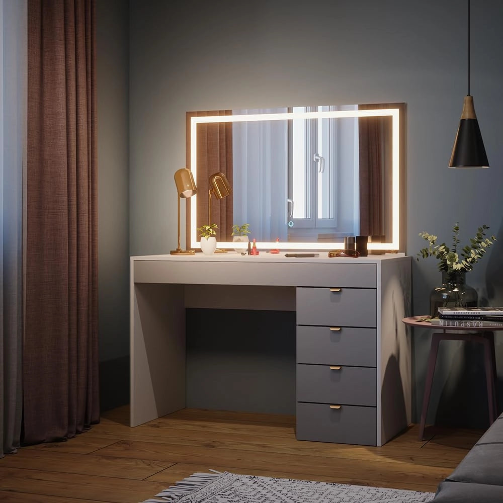 Tavolo da toeletta Elise, Bianco/grigio/grigio, 115 cm con specchio a LED, con illuminazione LED e grande specchio per applicazioni di trucco